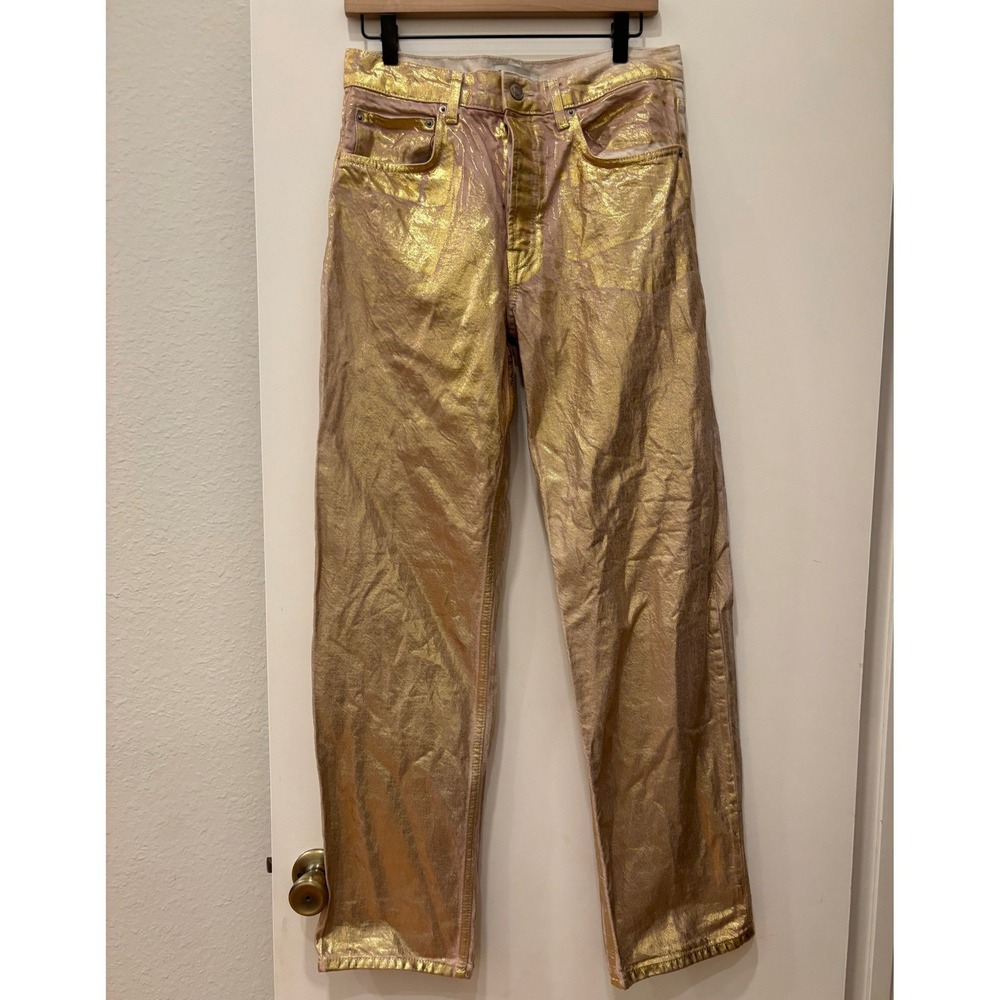 NWOT Zara Boy Pink Metallic Gold Foil Denim Jeans Straight Leg Button Fly